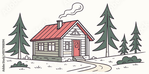 A cozy cabin nestled in the woods with a chimney emitting smoke and pine trees nearby Vector