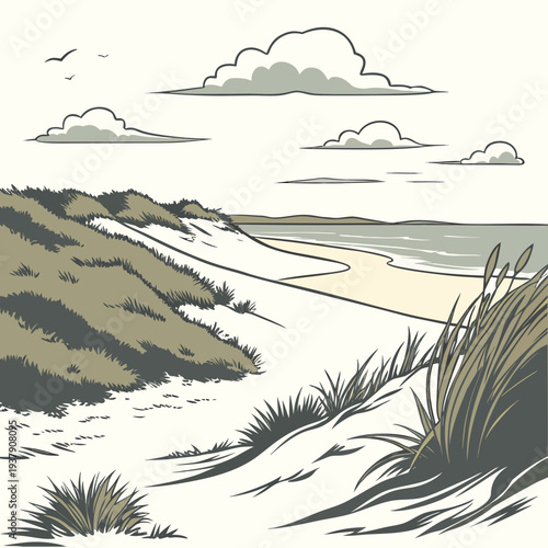 A serene beach landscape with gentle waves and distant mountains under a clear sky Vector