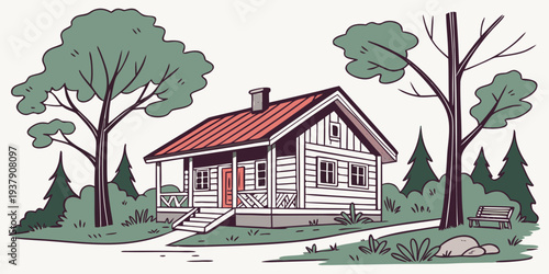 A charming house nestled in a serene woodland setting with a lush green lawn. Vector