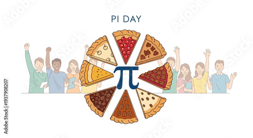Illustration of people celebrating Pi Day with a pizza pie chart and the pi symbol on a white background, conveying a joyful math education concept.