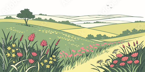 A vibrant landscape painting featuring a lush meadow with wildflowers and rolling hills. Vector