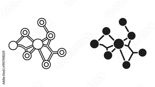 Molecular structure icons, atom connections, network and science concept, black and white