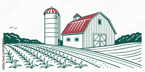 A picturesque farmhouse with a red roof and white walls surrounded by a vast field Vector