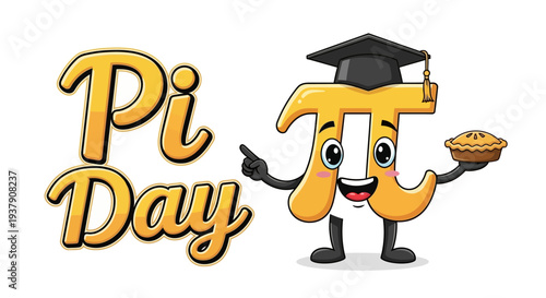 A cheerful cartoon pi symbol character wearing a graduation cap and holding a pie, celebrating Pi Day with a joyful expression on a white background.