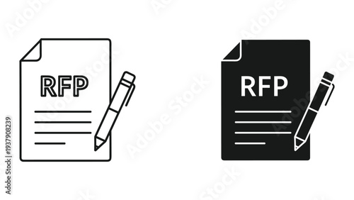 RFP Request for Proposal Document Icon with Pen, Line Art and Silhouette, Business Concept