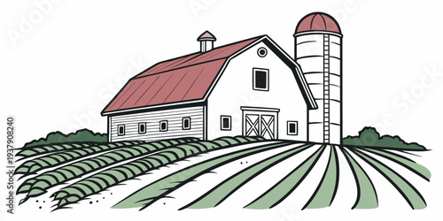 A picturesque farmhouse nestled among vast fields of crops under a clear blue sky. Vector