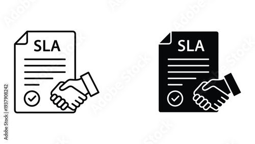 SLA Service Level Agreement handshake icon, contract document with checkmark, business partnership agreement concept