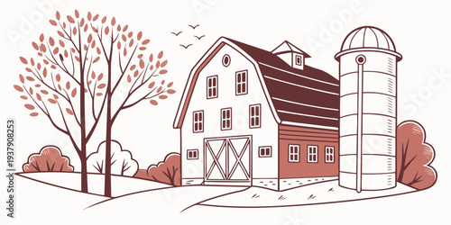 A picturesque farmhouse nestled in a serene countryside landscape with a barn and trees Vector