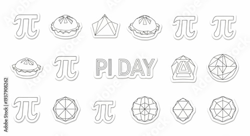Illustration of various pi day symbols and geometric shapes on a white background, celebrating math holiday with pi symbol and pie illustrations.