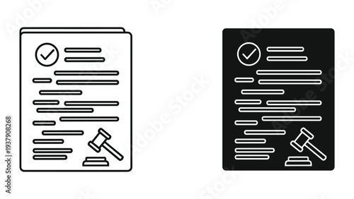 Legal Document with Gavel and Checkmark Icon, Law Contract Concept, Outline and Silhouette Icons
