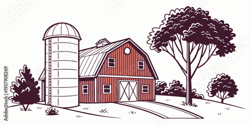 A picturesque farm scene with a red barn, silo, and surrounding trees under a clear sky Vector