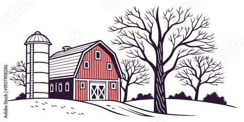 A picturesque farmhouse with a red barn and trees in the background Vector
