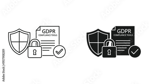 GDPR Compliance Tools Icon: Shield, Lock, Document, Checkmark - Data Protection Concept