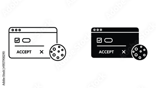 Cookie Consent Banner Icons: Accept Button with Checkbox and Close Option, Privacy Data Symbol