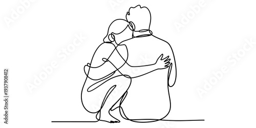 Continuous line drawing of a man hugging a woman, love and relationship concept