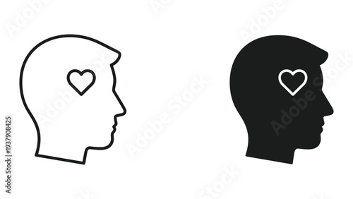 Side Profile Silhouette of Human Head with Heart Symbol Inside, Black and White Icons