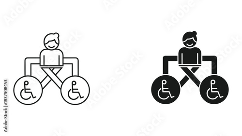 Icon of person in wheelchair with two connected wheelchair symbols, representing accessibility and mobility.