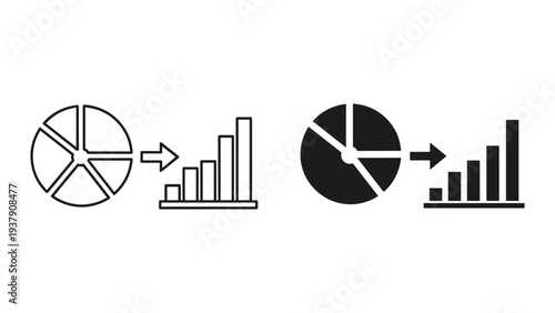 Pie Chart to Bar Graph Conversion Icons: Data Visualization and Analysis Symbols