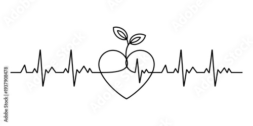 Heart with sprouting plant on ecg line, symbolizing health and growth