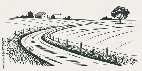 A picturesque countryside scene with winding roads and lush greenery. Vector