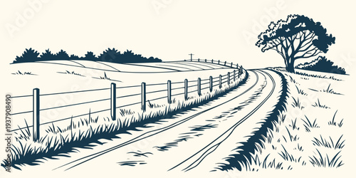 A picturesque countryside scene with a winding road and lush greenery. Vector