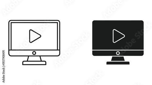 Computer Monitor with Play Button Icon: Line Art and Solid Icon Set