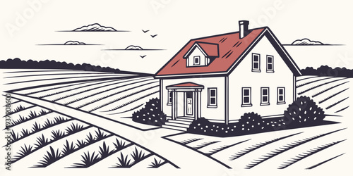 A charming countryside house surrounded by a vast cornfield under a clear sky. Vector