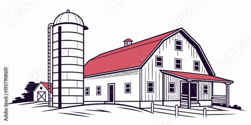 A picturesque farmhouse with a red roof and a tall white silo in the countryside Vector