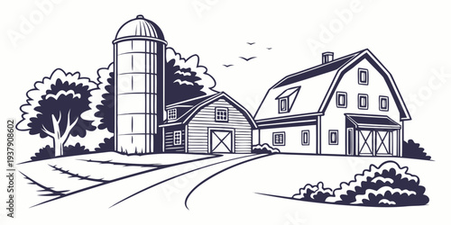 A serene countryside scene with a barn, silo, and farmhouse under a clear sky Vector