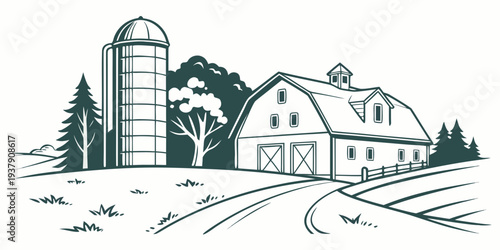 A serene farm scene with a barn, silo, and house surrounded by trees Vector