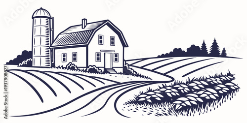 A serene farmhouse surrounded by lush fields and a clear blue sky Vector