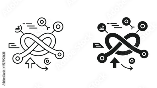 Abstract Network Flow Diagram with Connections and Arrows, Strategy Concept Icons