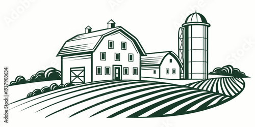 A picturesque farmhouse with a barn and silo set against a clear sky. Vector