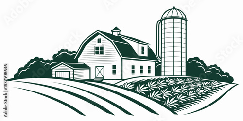 A picturesque farm scene with a house, barn, and silo surrounded by lush greenery. Vector