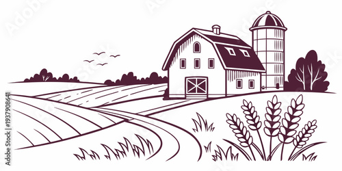 A serene countryside landscape with a farmhouse and rolling hills in the background Vector