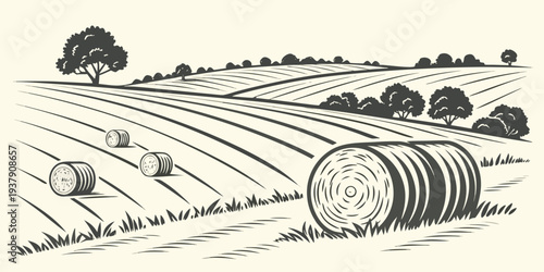 A picturesque landscape with rolling hills and scattered wine barrels under a clear sky Vector