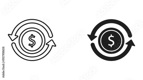 Money Exchange Icon: Outline and Filled Dollar Coin with Circular Arrows Indicating Transaction