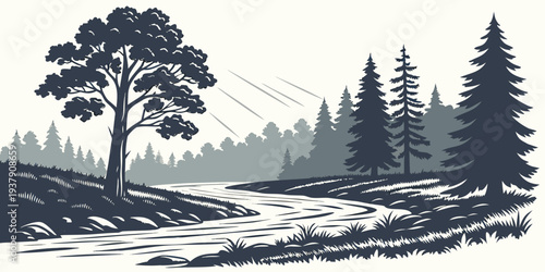 A serene landscape featuring a lone tree standing by a calm river with mountains in the background Vector