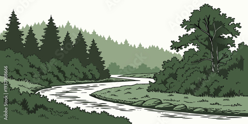 A serene river flowing through a lush, green forest with towering trees Vector