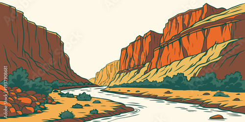 A vibrant illustration of a river flowing through a red rock canyon landscape. Vector