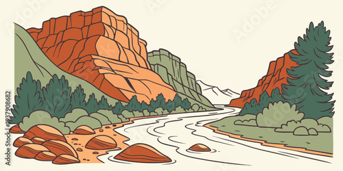 A picturesque landscape featuring a vibrant autumn tree and a winding river Vector