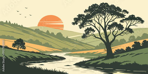 A serene landscape with a river, trees, and a distant sunset over rolling hills Vector