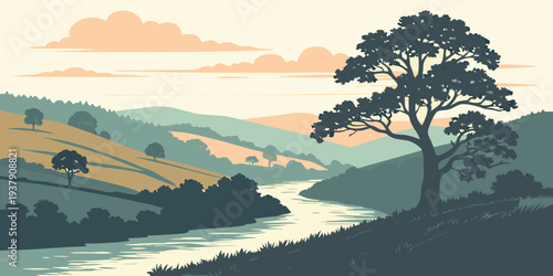 A serene landscape of rolling hills and a winding river under a clear blue sky. Vector