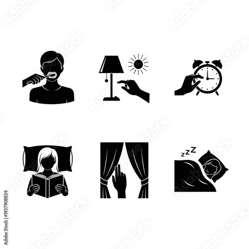 Minimalist black icons pack showcasing essential steps for a relaxing nightly bedtime routine, promoting healthy sleep habits and peaceful rest