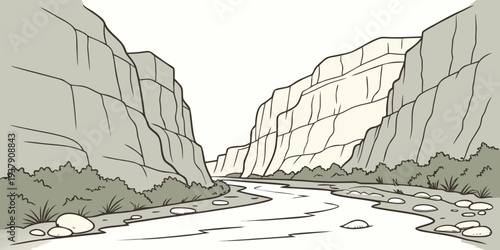 A dramatic landscape of steep cliffs and a winding river in a desert canyon. Vector