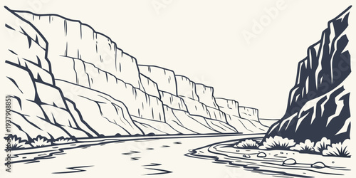 Majestic mountain range with a river flowing through a narrow canyon Vector