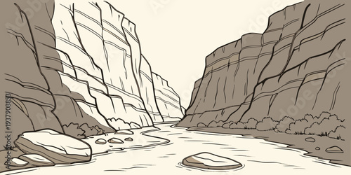 A dramatic landscape featuring a deep canyon with steep rocky walls and a winding river Vector