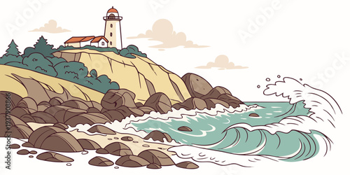 A picturesque lighthouse standing tall on a rocky shore with waves crashing nearby Vector
