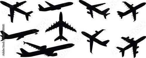 Collection of airplane silhouettes in flight representing aviation travel transportation aircraft and global air transport industry