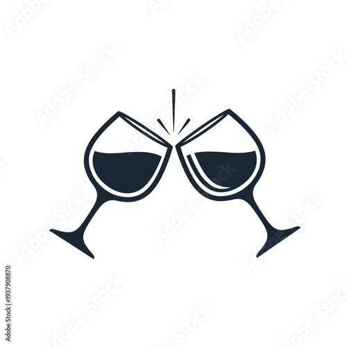 Elegant black vector icon depicting a festive clink of two wine glasses, symbolizing celebration, joy, and social gatherings